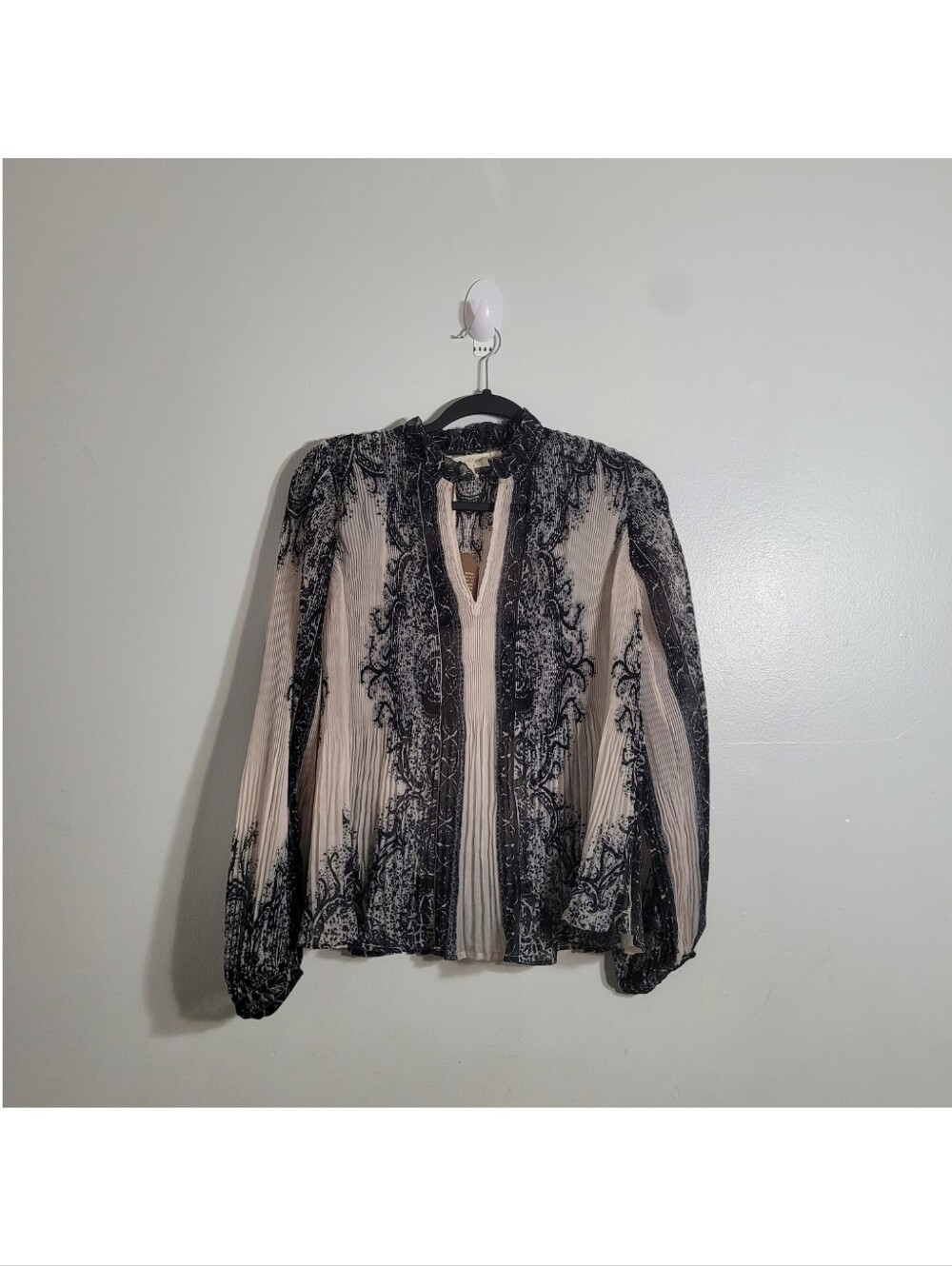 Anthropologie Forever That Girl Sheer Pleated Long Sleeve Black Motif Blouse